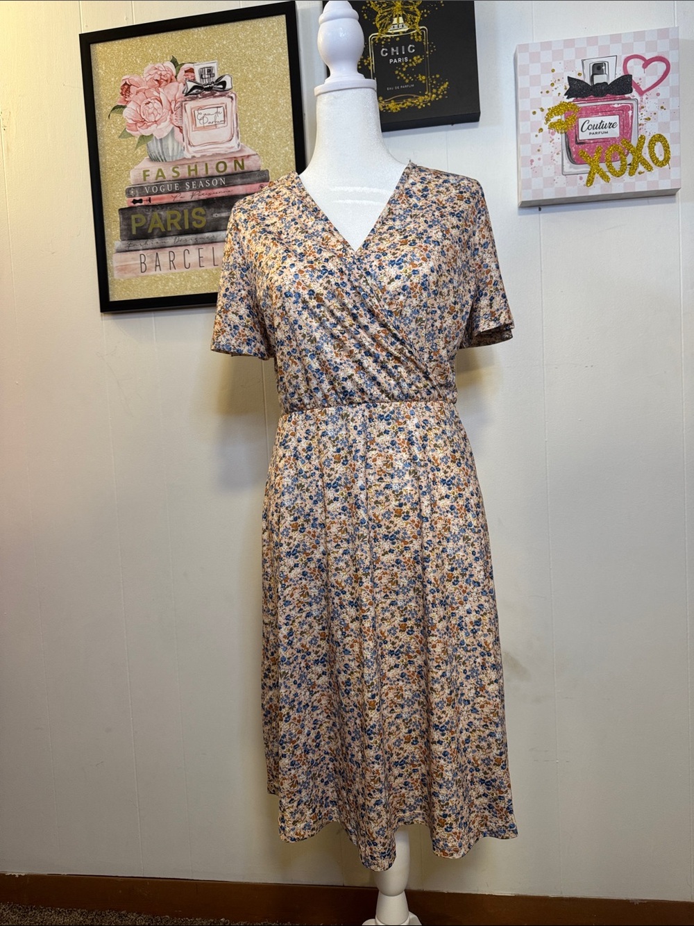 Floral Wrap-Style Midi Dress in Blue & Beige